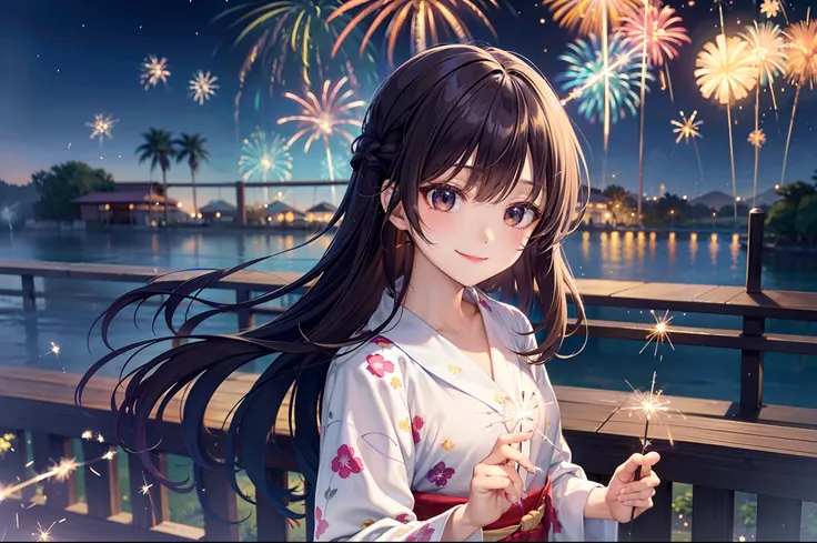 ​masterpiece、top-quality、超A high resolution、8K、many fireworks、a beauty girl、shooting stars、Floral yukata、bathrobe、17 age、(sparklers:1.4)、(new year:1.1)、(omatsuri:1.1)、(a smile:1.1)、kirakira、Floating particles、Colorful Particles、natta