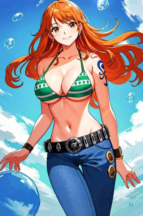 detailed background, masterpiece, best quality, 1girl, solo, nami (one piece), 1girl, bangle, bangs, bare shoulders, belt, bikini, bikini top only, blue sky, bracelet, breasts, brown eyes, bubble, cleavage, cloud, cowboy shot, day, denim, earrings, floatin...