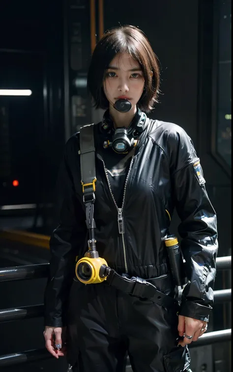 Highest image quality, outstanding details, ultra-high resolution, (realism: 1.4), ((cowboy shot)), the best illustration, favor details, highly condensed 1girl, (cyberpunk, cyborg), a delicate and beautiful face, (short hair), (wearing baggy spacesuit wit...