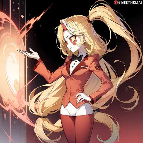 Charlie Morningstar, long hair, red suit, red pants, 1girl, yellow sclera, blonde hair, white skin, perfect anatomy, fgo sprite, better hands