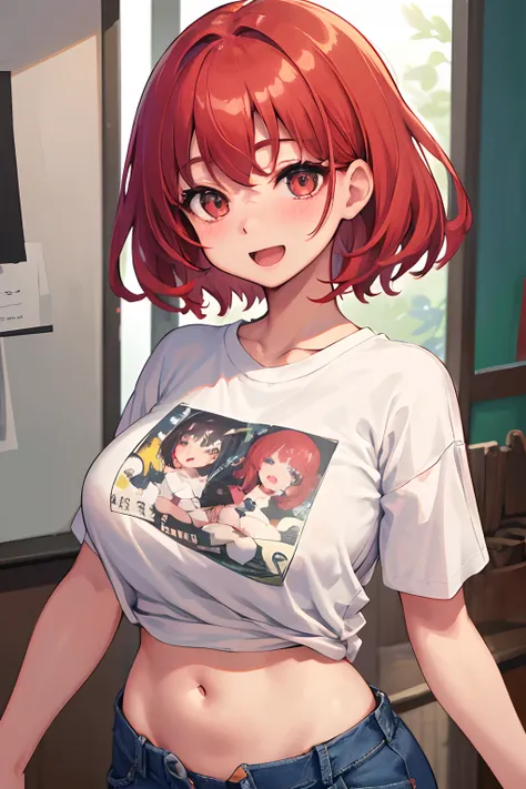 Guess child、Kana Arima、red hairs、short-hair、Volume Lighting、Best Shadows、Shallow depth of field、Portrait of an amazingly beautiful girl、huge smile、open open mouth、Beautiful medium milk、Blush Eyeshadow、fine eyelashes、Mini Underbob T-Shirt、Open belly button、...