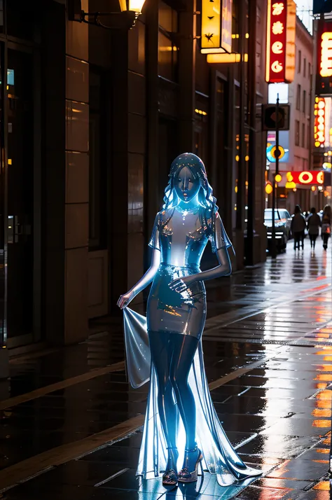 Translucent woman walking in the city