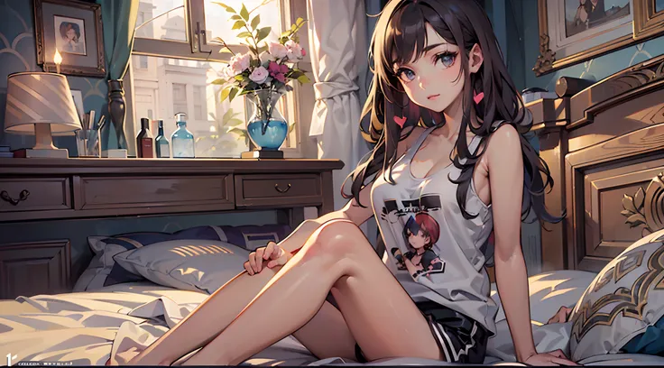 (Masterpiece, top quality, super detailed CG, ultra detailed beautiful face and eyes,super detailed, intricate details:1.2), 8k wallpapers, elaborate features,
(1 person, solo:1.4)perfect cartoon illustration,(1 person, solo:1.4) 1 girl, (black tank top: 1...