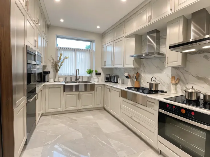 ，masterpiece, best quality，8k, ultra highres，Reallightandshadow，（Realiy，realisticlying)，Step into this kitchen，Its like coming to a foodie paradise。High-grade stainless steel appliances are neatly arranged，Shine brightly。Blocks of marble countertops exude ...