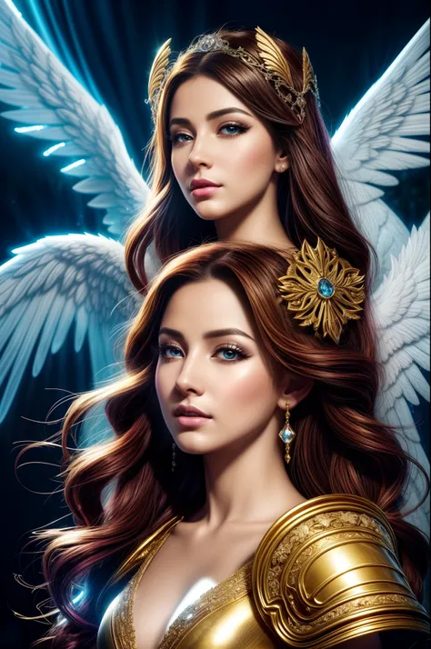 Please create a creature of light, a beautiful angel of light, a magical spirit of light, is a character full of a sense of justice and divine power, she is usually depicted as a beautiful female angel with wings and long hair, wearing a shining white robe...