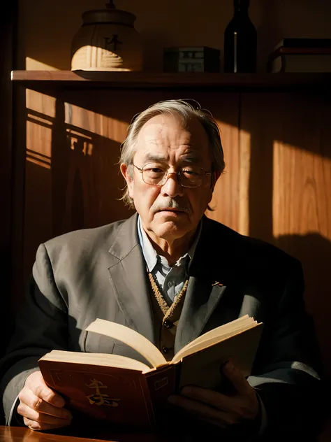 An old Western man reads a book，The cover of the book has the Chinese characters "Mei Bottle Quan"，The lighting is dim，Back Shadow，  cinmatic lighting， UHD， 8k