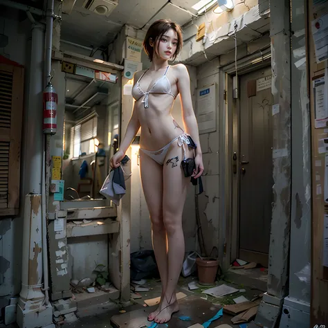 Abandoned schools，Sexy standing pose，(Full body portrait 1:1），Random white transparent small bikini，Slender and slender figure，Skinny，As thin as a whipping post，Smaller bust，The barefoot，(Random nudity all over the body)，exhibitionists，(Random exposure of ...