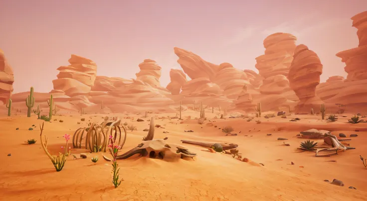 There is a desert，and the sky is blue，On the ground are animal bones, Desert environment, arid planet, sand and desert environment, Alien desert, desert wasteland, dusty unreal engine, Desert Planet, desert scenery, desert game, amazing alien landscape, Al...