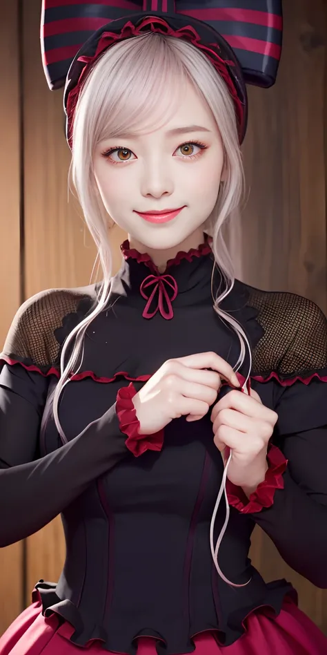 , top-quality, ShalltearV4, 1girl in, 独奏, doress, frilld, the bow, Hair Bow, tusk, Bewitching smile, pale-skinned, Shines, radiant eyes, portraitures,Complete body,double tooth,Red Eyes,