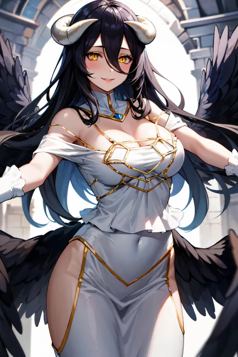 masterpiece, best quality, highres, al1, demon horns, slit pupils, white gloves, white dress, bare shoulders, detached collar, cleavage, black wings, feathered wings, low wings, cowboy shot, standing, dungeon, evil smile, reaching out, spread arms, outstre...