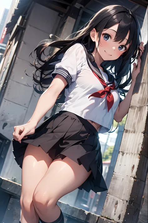 (8K, Raw photography, top-quality, ​masterpiece:1.2), 1girl in, 3 d,A dark-haired、The long-haired、posterior view、Japan short-sleeved sailor suit、Asian,  School route、(Skirt swaying in strong wind:1.2)、A smile、Turned、dynamic motion