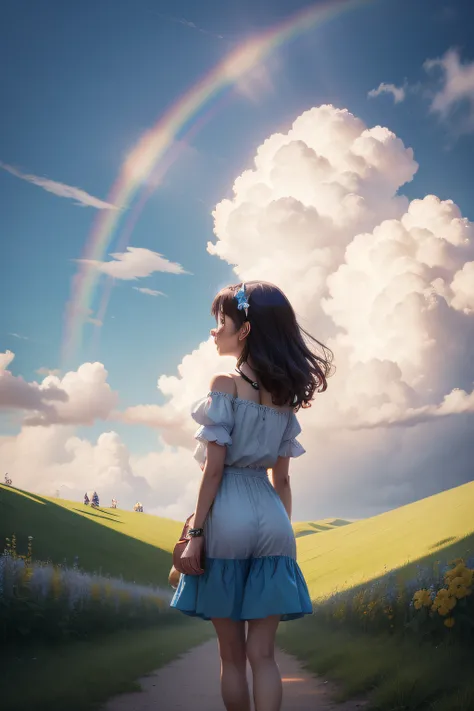 Curious, she decided to go and say hello. As she approached, she saw four adorable little cloud fairies giggling and playing together. rainbow in the sky, cartoon