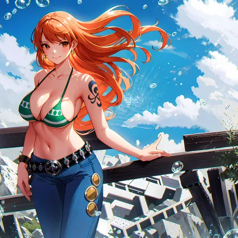 detailed background, masterpiece, best quality, 1girl, solo, nami (one piece), 1girl, bangle, bangs, bare shoulders, belt, bikini, bikini top only, blue sky, bracelet, breasts, brown eyes, bubble, cleavage, cloud, cowboy shot, day, denim, earrings, floatin...