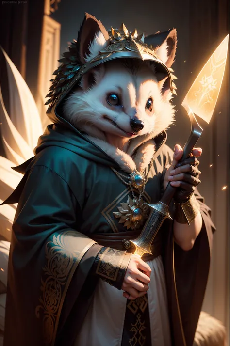 Close up of hedgehog in robes holding a knife, Hedgehog bandits, Hooded robe, daggers, anthropomorphic hedgehog, Cute anthropomorphic hedgehog, wojtek fus, Fur armor, Fluffy, hyperrealistic fantasy art, Dressed in intricate gorgeous costumes、​masterpiece, ...