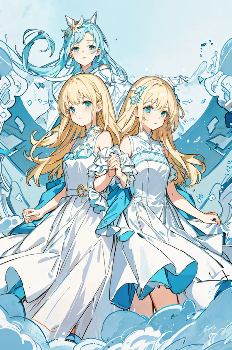 Anime character standing in the snow in a white dress, vermillion and cyan, Official artwork, epic tale of the twin sisters, white cyan, high detailed official artwork, ethereal anime, Detailed key anime art, Official anime artwork, Splash art anime Loli, ...