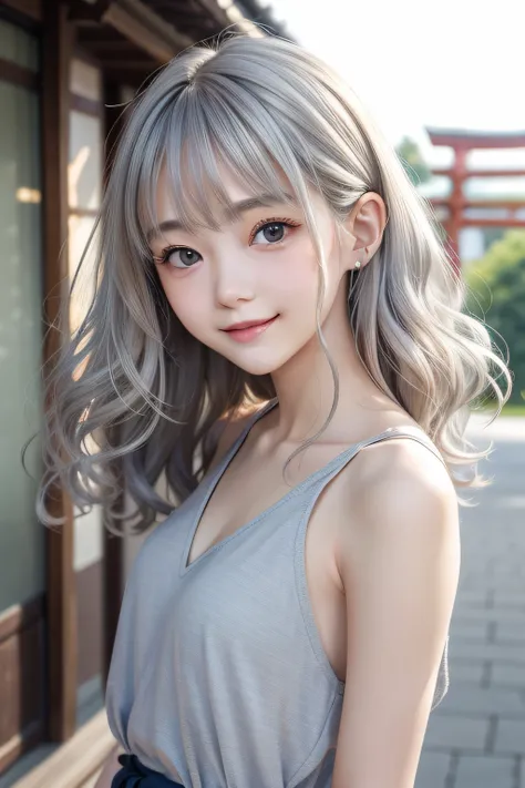 studio lights、depth of fields、The upper part of the body、A slender、cute  face、a smile、beautidful eyes、Japan 19 years old、cute little、voluminous curls of warm silver color,、plaza、rcasual