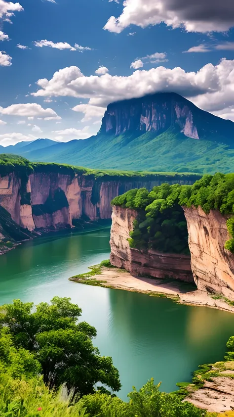 Masterpiece, ultimate quality, Cg unity 8k wallpaper, super delicate, beautiful sky and clouds, rich natural scenery, cliffs, lakes and rivers, waterfalls and flying water, beautiful green mountains, no trace of people, excellent scenery, has already won a...