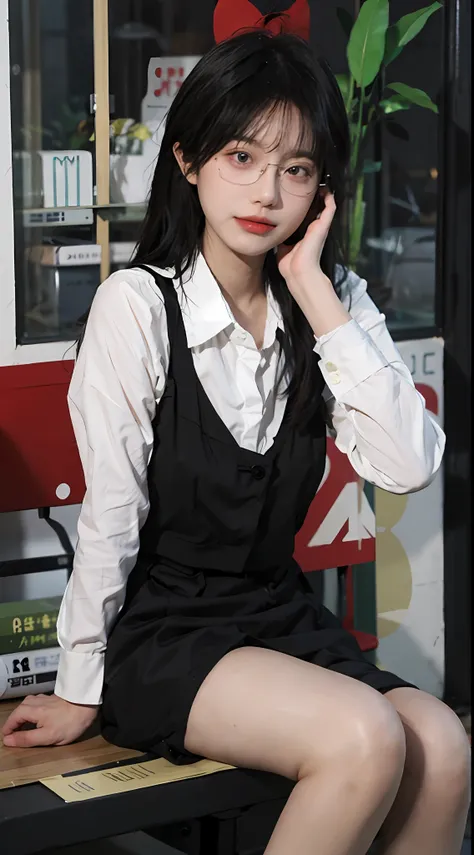 best qualtiy，tmasterpiece，超高分辨率，（realisticlying：1.4），
best qualtiy, Full body like，Refined face，pretty  face，25 years old woman，slimfigure，Smaller bust，office lady uniform，Office wear，black lence stockings，Outdoor Scene，Sit Pose，wears glasses