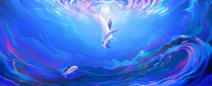 Draw a dolphin in the blue ocean，There are rainbow swirls, jen bartel, Makoto Shinkai Cyril Rolando, Inspired by Cyril Rolando, in the style of Cyril Rolando, wallpaper anime blue water, dreamlike digital painting, ethereal eel, iridescence water elemental...