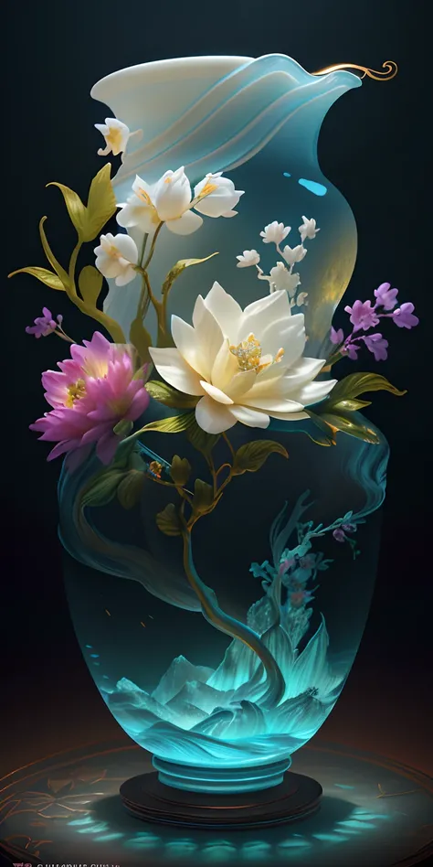 best quality, realistic, photorealistic,  ultra detailed, "Mountain of Flower and Fruit+Fairy+Chinese Architecture" highly detailed carving on "southern ice" porcelain,Ultra wide angle,Accent Lighting,Volumetric Lighting,backlighting, (detailed light),((an...