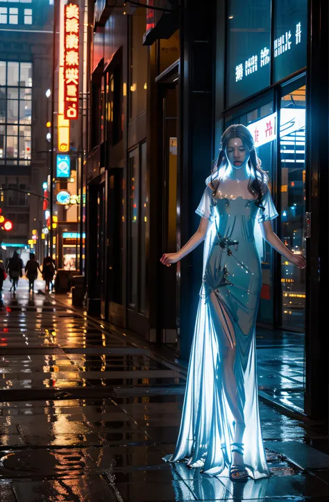 translucent woman walking in the city