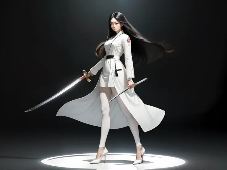 Beautiful woman in white coat、Long Black Hair、bangss、Female doctor with a long Japan sword、Beautiful female doctor with Japan sword、３０Beautiful Japan woman of the same generation、8K high-resolution photos、fullbody image、White tights、high-heels、Increase dep...