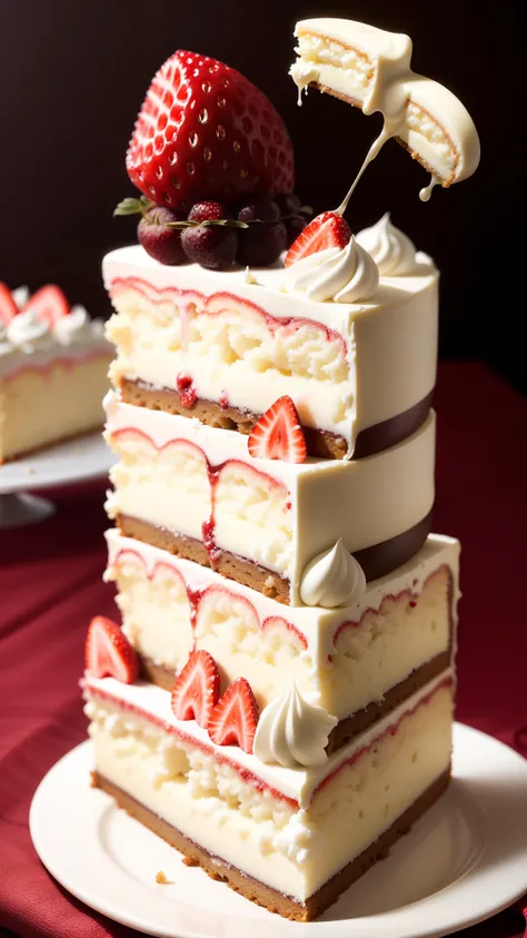 Close flies on a piece of cream cake and strawberries