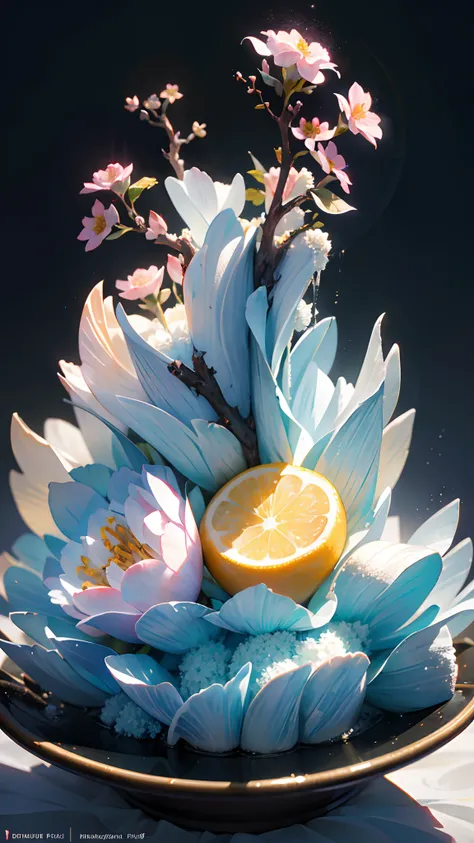 best quality, realistic, photorealistic,  ultra detailed, "Mountain of Flower and Fruit+Fairy+Chinese Architecture" highly detailed carving on "southern ice" porcelain,Ultra wide angle,Accent Lighting,Volumetric Lighting,backlighting, (detailed light),((an...