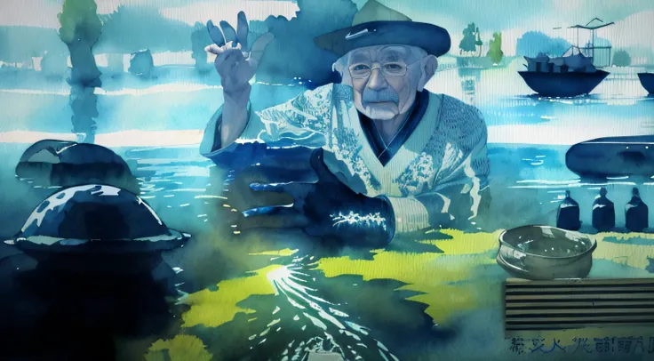 illustration、water color, Agnes Cecil、art, (accurate fingers, 5 fingers). japanes、ember、A old man、Sateen、