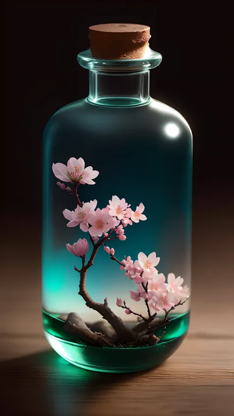 Cherry blossom tree in a bottle，Grows out of the bottle，nipple sticking out，fluffly，realisticlying，Atmospheric light refraction，Photo by Lee Jeffries，Nikon D850 Film Stock Photo 4 Kodak Portra 400 Camera F1.6 shots，rich colours，hyper realistic lifelike tex...