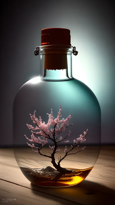 Cherry blossom tree in a bottle，Grows out of the bottle，nipple sticking out，fluffly，realisticlying，Atmospheric light refraction，Photo by Lee Jeffries，Nikon D850 Film Stock Photo 4 Kodak Portra 400 Camera F1.6 shots，rich colours，hyper realistic lifelike tex...