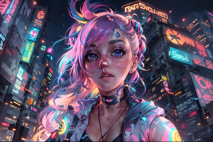 1girl,Creative hair,Rainbow Hair,City streets,fisheye,neon cold lighting, cyberpunk, blush, Waist Shot,Detailed face details,dynamic pose, rim lights,