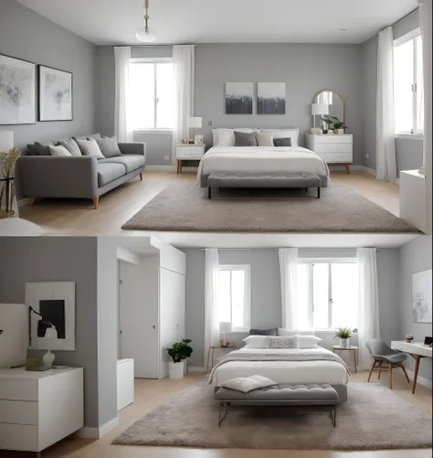 (Masterpiece), a modern simple bedroom, Gray wall, a sofa