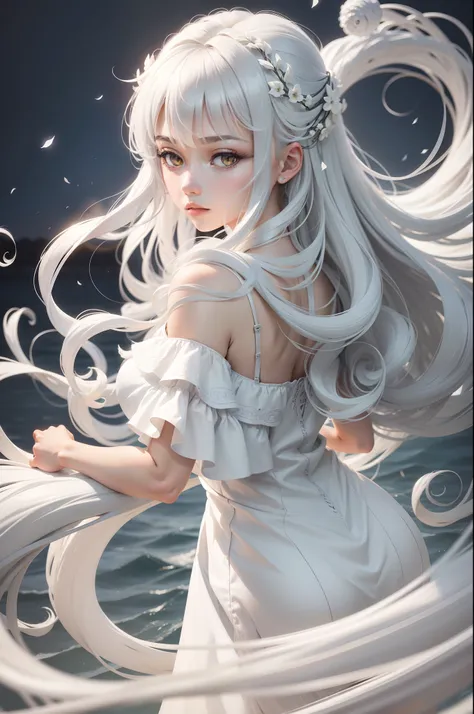 Silver Wolf，white colors，Swirling curls，Single horsetail，