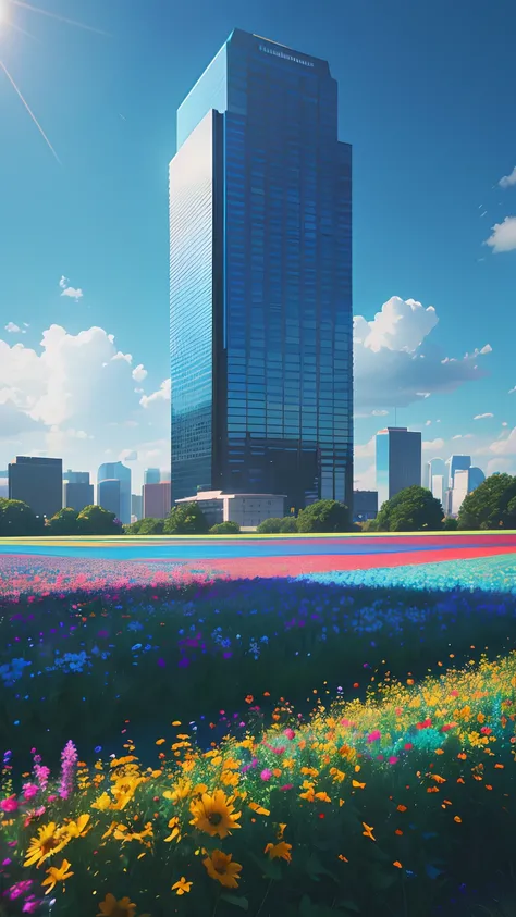 vibrant blue tinted colors, skyscraper, highly saturated colors, Fujifilm Fujichrome Provia 100F film, flower field, purity and dreamy symbolism, (muted colors:1.2), (photon mapping), octane render + hyper realistic, storage, (8k), hdr, sunny,