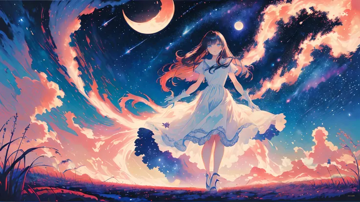 [(starry sky background:1.5),::5] ,(( wide shot)),//1 girl, dressed elegantly in a white dress with lace, transparency, white gloves, official art, the background is the night sky full of stars shining on the milkyway, moon, long flowing hair, galaxy eyes,...