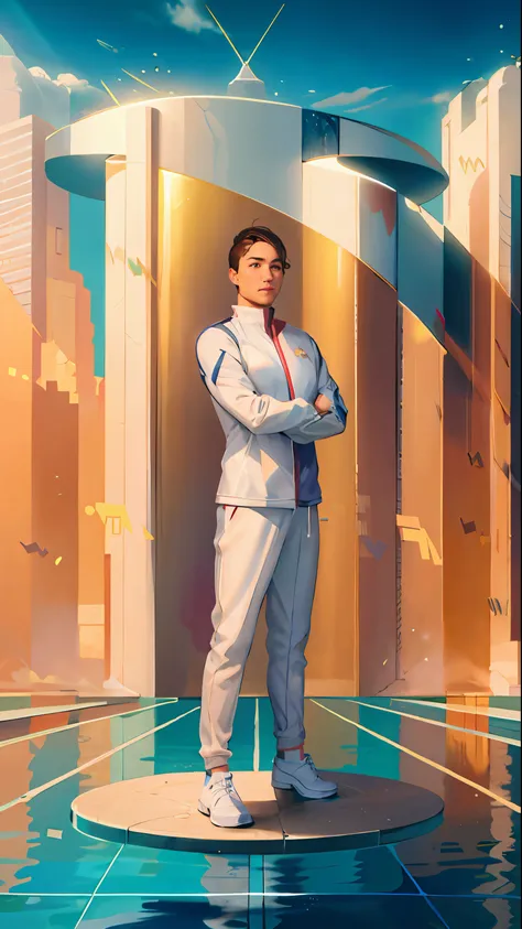 The character image does not change，Stand on a circular countertop，The building behind him is made up of water ripples，The ground is a pool track，keyframe，strongcontrast，photorealestic，contest，Olympic Games，The arrows in the sky are made up of water