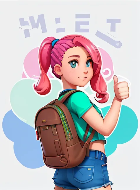 Cartoon girl thumbs up with backpack, Abigail from Stardew Valley, highly detailed character, official character art, render of a cute 3d anime girl, official character illustration, Character artwork, Cartoon Art Style, detailed character art, close up ch...