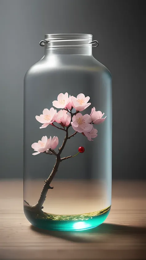 Cherry blossom tree in a bottle，Grows out of the bottle，nipple sticking out，fluffly，realisticlying，Atmospheric light refraction，Photo by Lee Jeffries，Nikon D850 Film Stock Photo 4 Kodak Portra 400 Camera F1.6 shots，rich colours，hyper realistic lifelike tex...