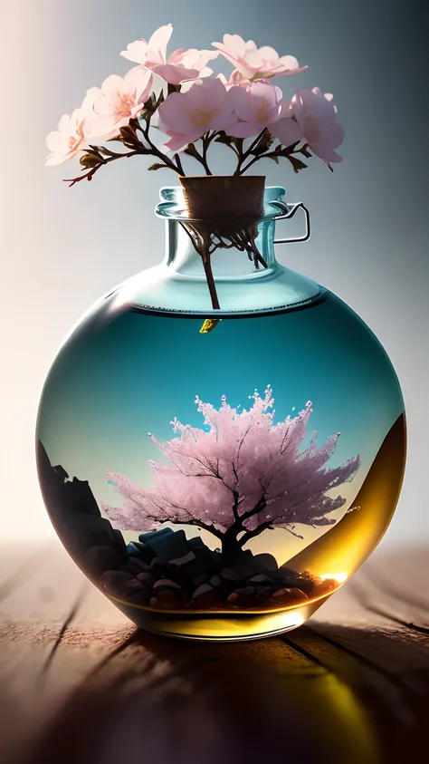 Cherry blossom tree in a bottle，Grows out of the bottle，nipple sticking out，fluffly，realisticlying，Atmospheric light refraction，Photo by Lee Jeffries，Nikon D850 Film Stock Photo 4 Kodak Portra 400 Camera F1.6 shots，rich colours，hyper realistic lifelike tex...