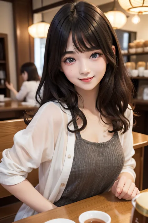 studio lights、depth of fields、full bodyesbian、A slender、cute  face、a smile、Beautiful detail eyes、Japan 19 years old、cute little、Voluminous curls with warm black color、plaza、rcasual、tea shop