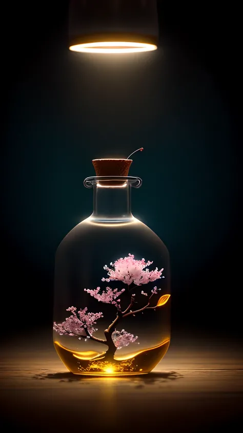 Cherry blossom tree in a bottle，Grows out of the bottle，nipple sticking out，fluffly，realisticlying，Atmospheric light refraction，Photo by Lee Jeffries，Nikon D850 Film Stock Photo 4 Kodak Portra 400 Camera F1.6 shots，rich colours，hyper realistic lifelike tex...