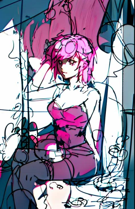 a drawing，a woman with pink hair sits in a chair by the sea, rough sketch, concept piece, detailed but rough, anime sketch, girl...