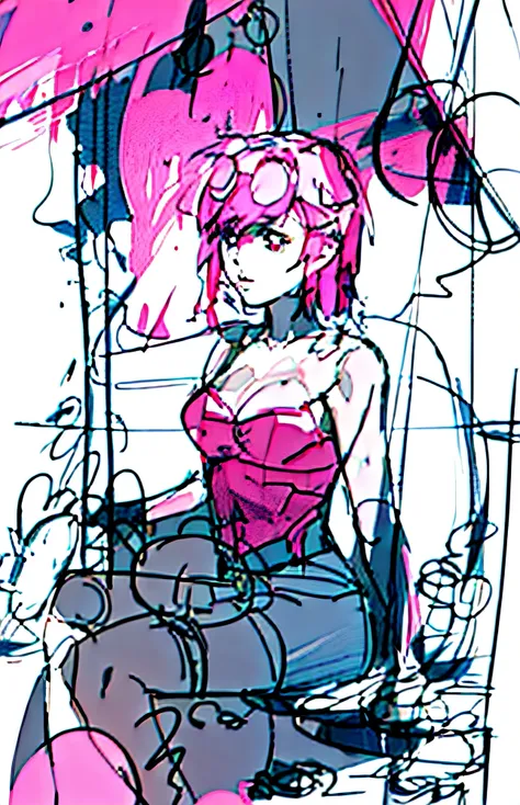 a drawing,A woman with pink hair sits in a chair by the sea, Rough sketch, concept piece, detailed but rough, anime sketch, girl sketch, old sketch, sketchy artstyle, contours, wip, clean anime outlines, rough abstract sketch, matte sketch, concept art ske...