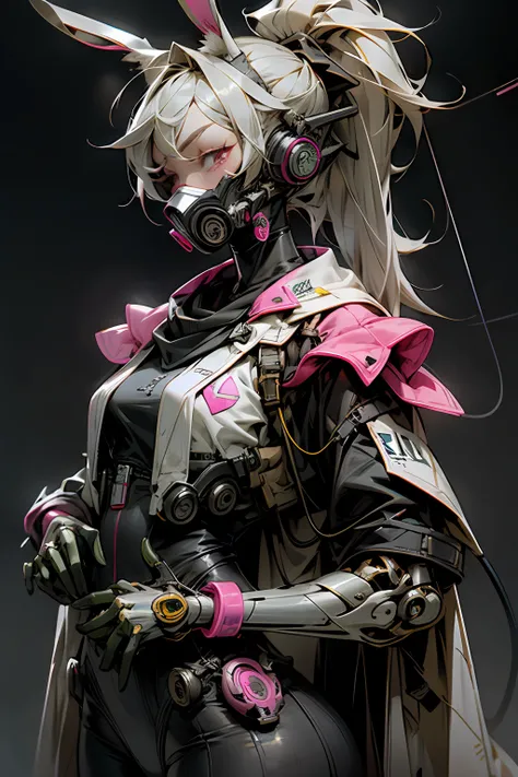 Cyborg girl in cyborg style，Gray hair，Long ponytail hairstyle，Wear headphones in the shape of rabbit ears and a gas mask，The gas mask has a green light on the surface，Dressed in a white suit，There are long pink bands of light on the clothes，Pink eyes，（blac...