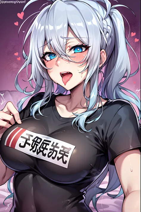 suggestive:1.3), (corruption), 1yukino, (Black T-shirt), silver hair, blue eyes, blush, upper body, (ahegao:1.1),(naughty face), collarbone, trembling, sweat, sweatdrop, heart, skindentation, (crazy:1.3), (speed lines), (at home) , in bed