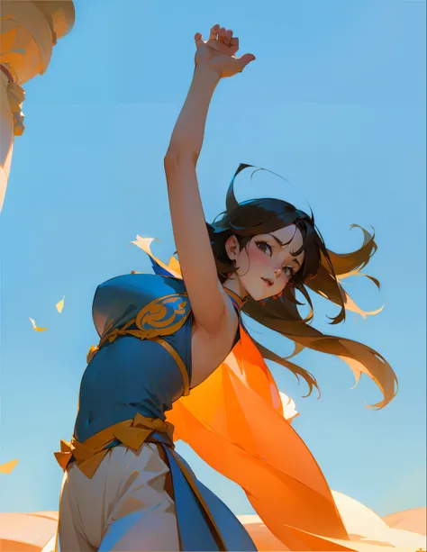 There was a woman in a blue and orange dress dancing, Artgerm and Atey Ghailan, atey ghailan 8 k, expressing joy. by Krenz Cushart, krenz cushart and artgerm, by Yang J, rhads and lois van baarle, author：ruanjia、stanely artgerm, author：Chen Jiesheng