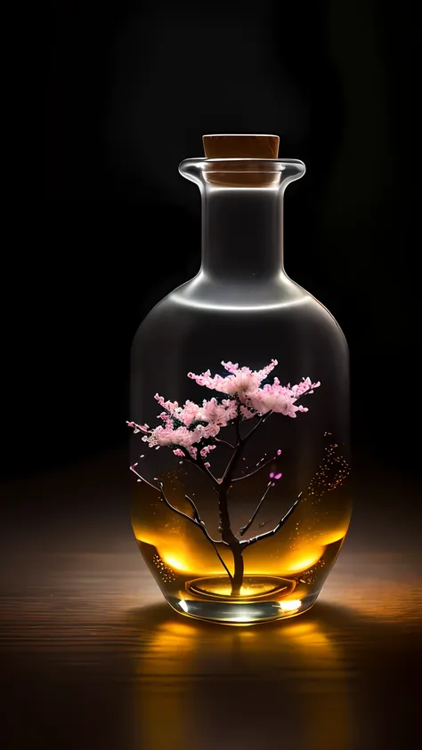 Cherry blossom tree in a bottle，Grows out of the bottle，nipple sticking out，fluffly，realisticlying，Atmospheric light refraction，Photo by Lee Jeffries，Nikon D850 Film Stock Photo 4 Kodak Portra 400 Camera F1.6 shots，rich colours，hyper realistic lifelike tex...