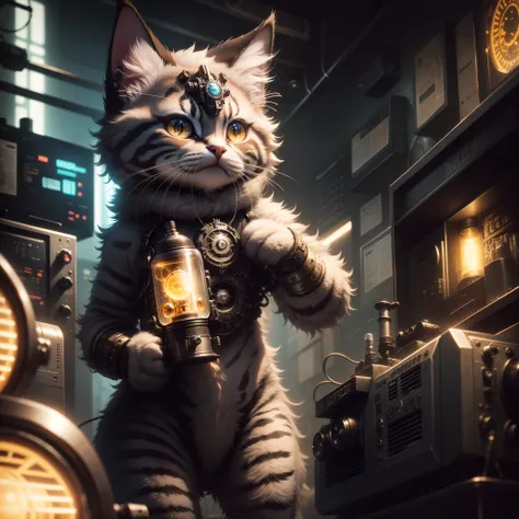 a cute fluffy kitten made out of metal, cyborg, cyberpunk style, clockwork, ((intricate details)), hdr, big eyes, ((intricate details, hyperdetailed)), vacuum tube or electron tube, cinematic shot, vignette, bokeh effect beckground