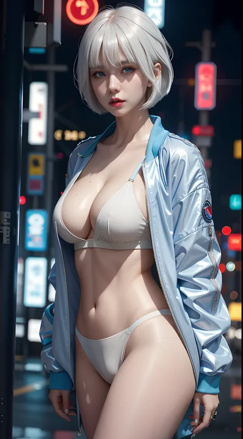 1girl, bangs, white hair, blue eyes, fashi-girl,bob cut,short hair, cleavage, collarbone, open jacket,mecha,cyberpunk,neon lights,large breasts,mature female,shiny skin,rain,water drop,badass,alluring